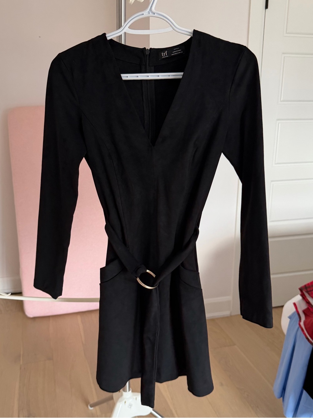 Zara Black Long Sleeve V-Neck Belted Mini Dress